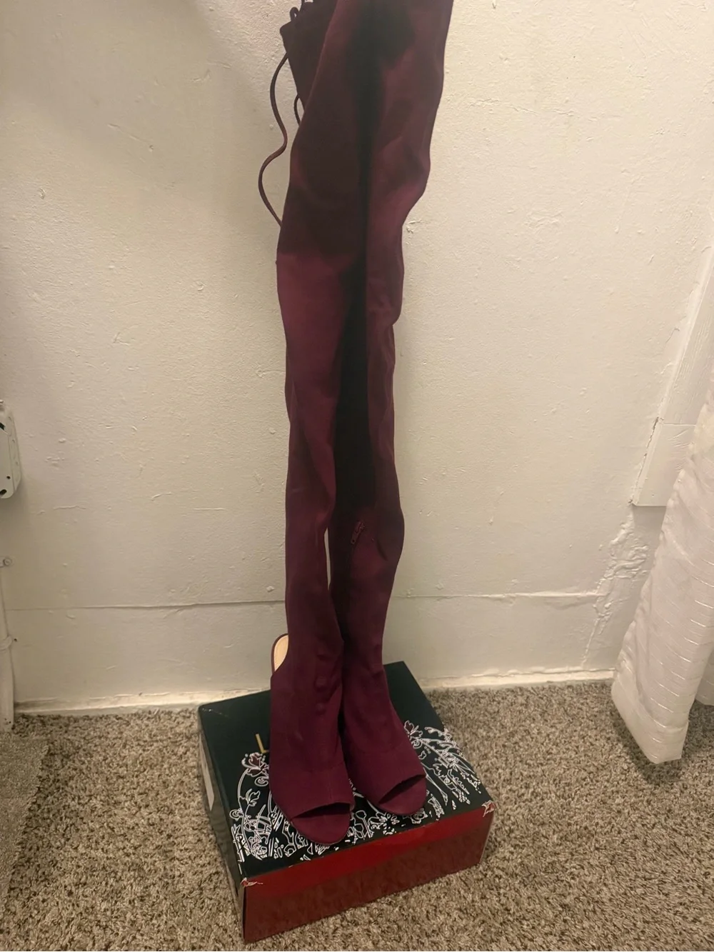 Over-the-Knee Peep-Toe Heeled Boots in Burgundy
